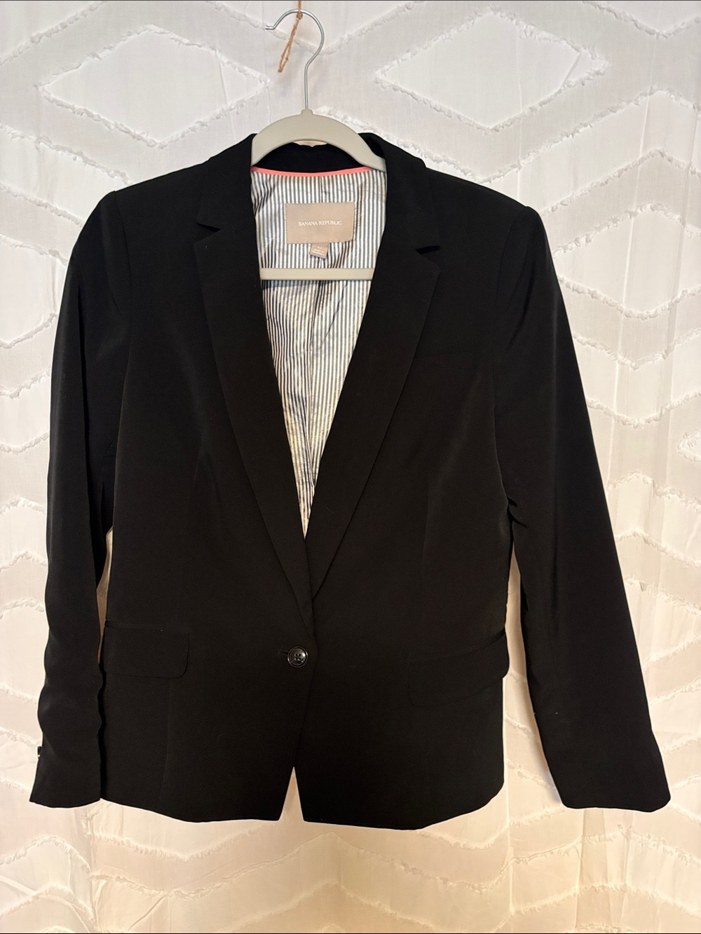 Banana Republic Black Blazer with Striped Lining and Coral Trim
